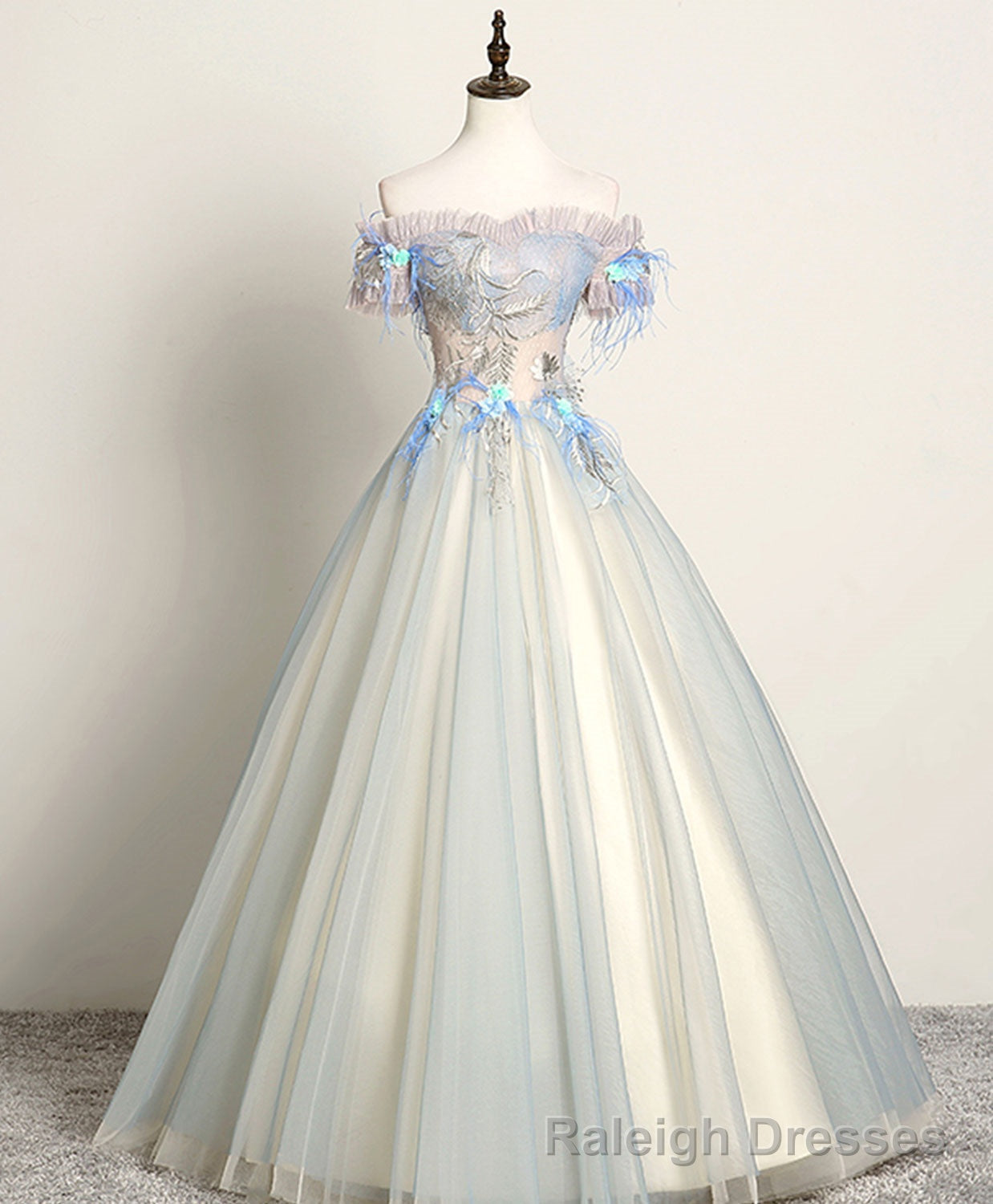Gray Blue Sweetheart Lace Long Prom Dress, Gray Blue Tulle Prom Dress