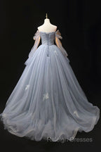 Gray Blue Tulle Floor Length Prom Dress, Elegant Long Sleeve Formal Evening Dress
