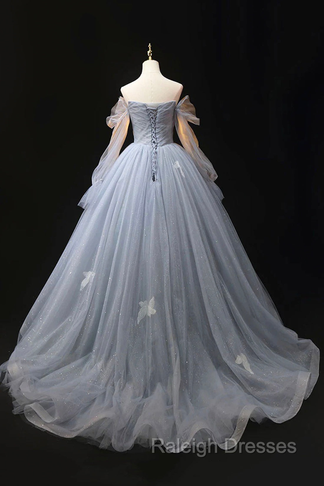 Gray Blue Tulle Floor Length Prom Dress, Elegant Long Sleeve Formal Evening Dress