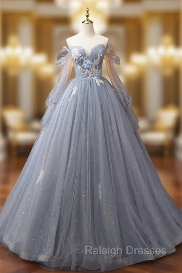 Gray Blue Tulle Floor Length Prom Dress, Elegant Long Sleeve Formal Evening Dress Main image