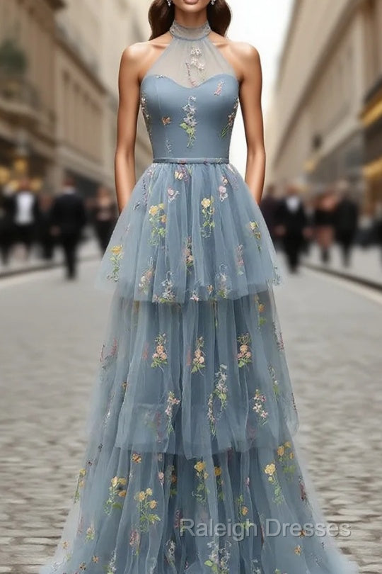 Gray Blue Tulle Halter Prom Dress