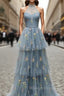 Gray Blue Tulle Halter Prom Dress
