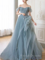 Gray Blue Tulle Lace Long Prom Dress, Gray Blue Formal Dress