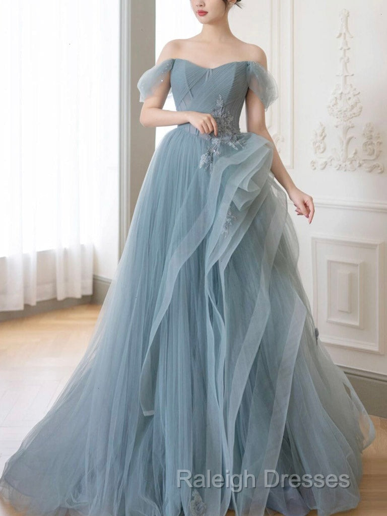 Gray Blue Tulle Lace Long Prom Dresses Gray Blue Prom Dresses
