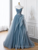 Gray Blue Tulle Lace Long Prom Dresses Gray Blue Prom Dresses