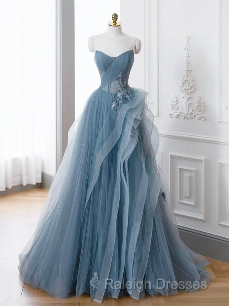 Gray Blue Tulle Lace Long Prom Dresses Gray Blue Prom Dresses