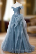 Gray Blue Tulle Lace Long Prom Dresses Gray Blue Prom Dresses