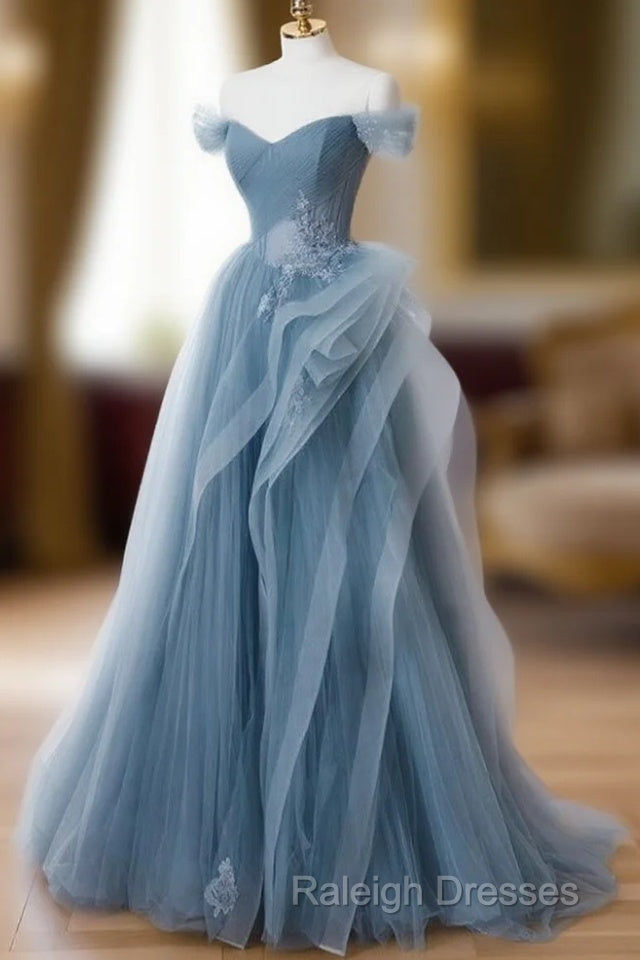 Gray Blue Tulle Lace Long Prom Dresses Gray Blue Prom Dresses