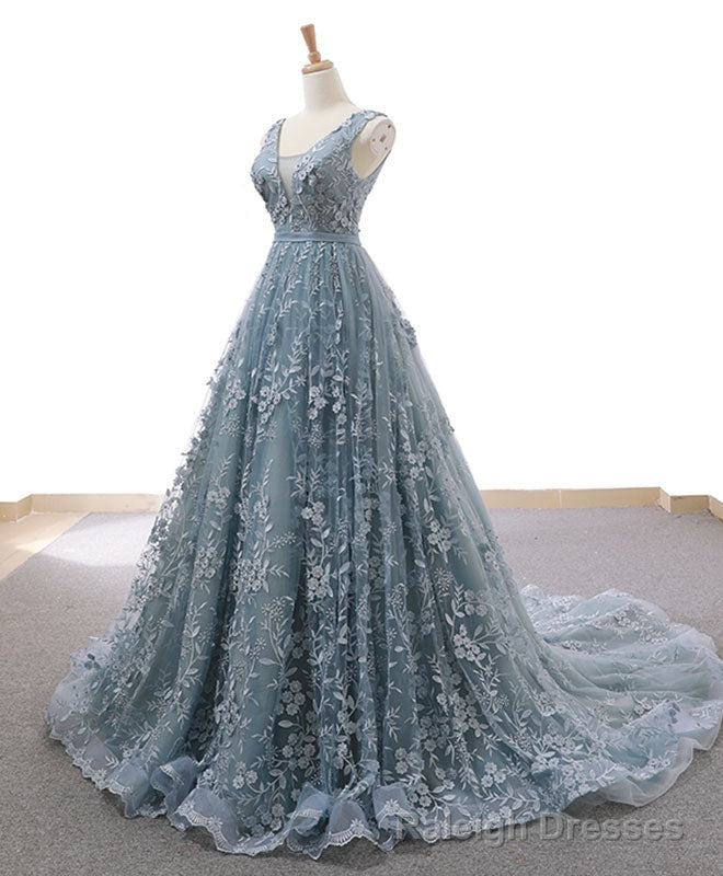 Gray Blue Tulle Lace Long Prom Dress Gray Blue Lace Evening Dress Main image