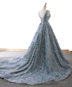Gray Blue Tulle Lace Long Prom Dress Gray Blue Lace Prom Dress