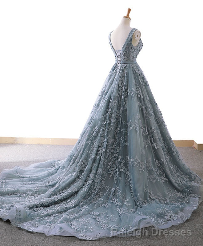 Gray Blue Tulle Lace Long Prom Dress Gray Blue Lace Prom Dress