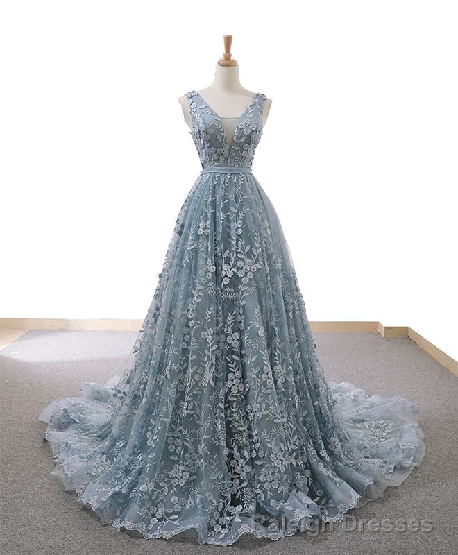 Gray Blue Tulle Lace Long Prom Dress Gray Blue Lace Prom Dress Secondary image
