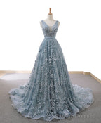 Gray Blue Tulle Lace Long Prom Dress Gray Blue Lace Prom Dress