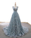 Gray Blue Tulle Lace Long Prom Dress Gray Blue Lace Prom Dress