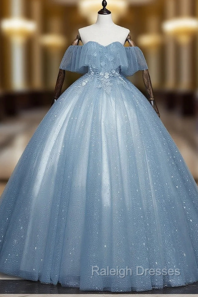 Gray Blue Tulle Lace Long Prom Dress, Gray Blue Tulle Prom Dress