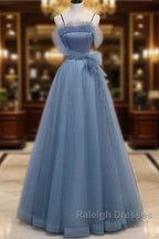 Gray Blue Tulle Long Prom Dress A Line Evening Dress Formal Dress December Wedding Guest Dress