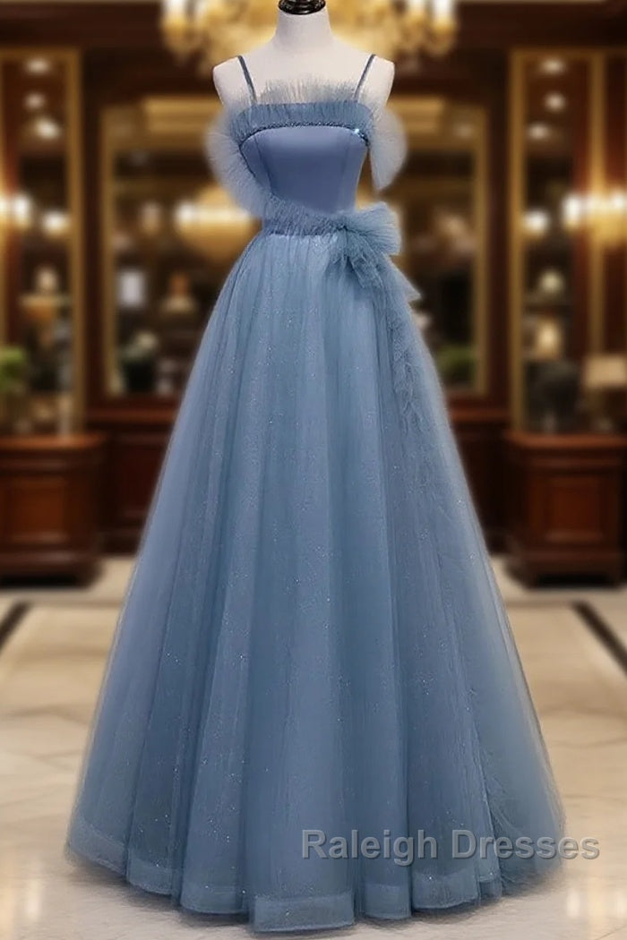 Gray Blue Tulle Long Prom Dress A Line Evening Dress Formal Dress December Wedding Guest Dress