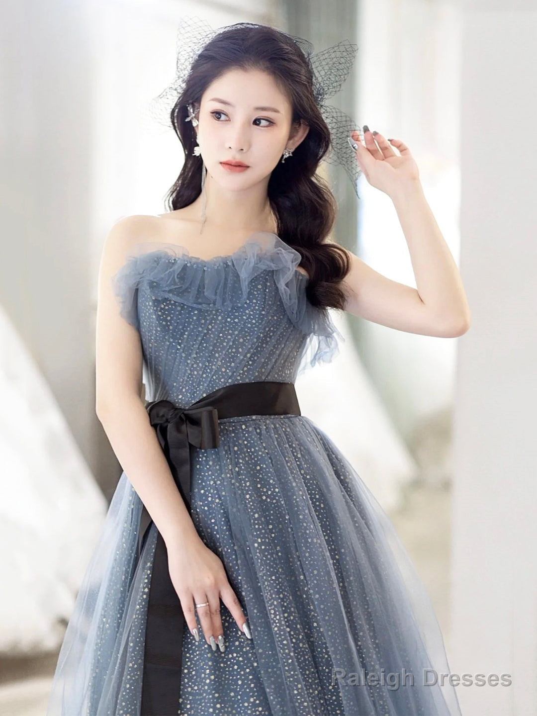 Gray Blue Tulle Long Prom Dress, Beautiful A-Line Strapless Evening Dress Secondary image