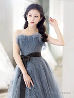 Gray Blue Tulle Long Prom Dress, Beautiful A-Line Strapless Evening Dress