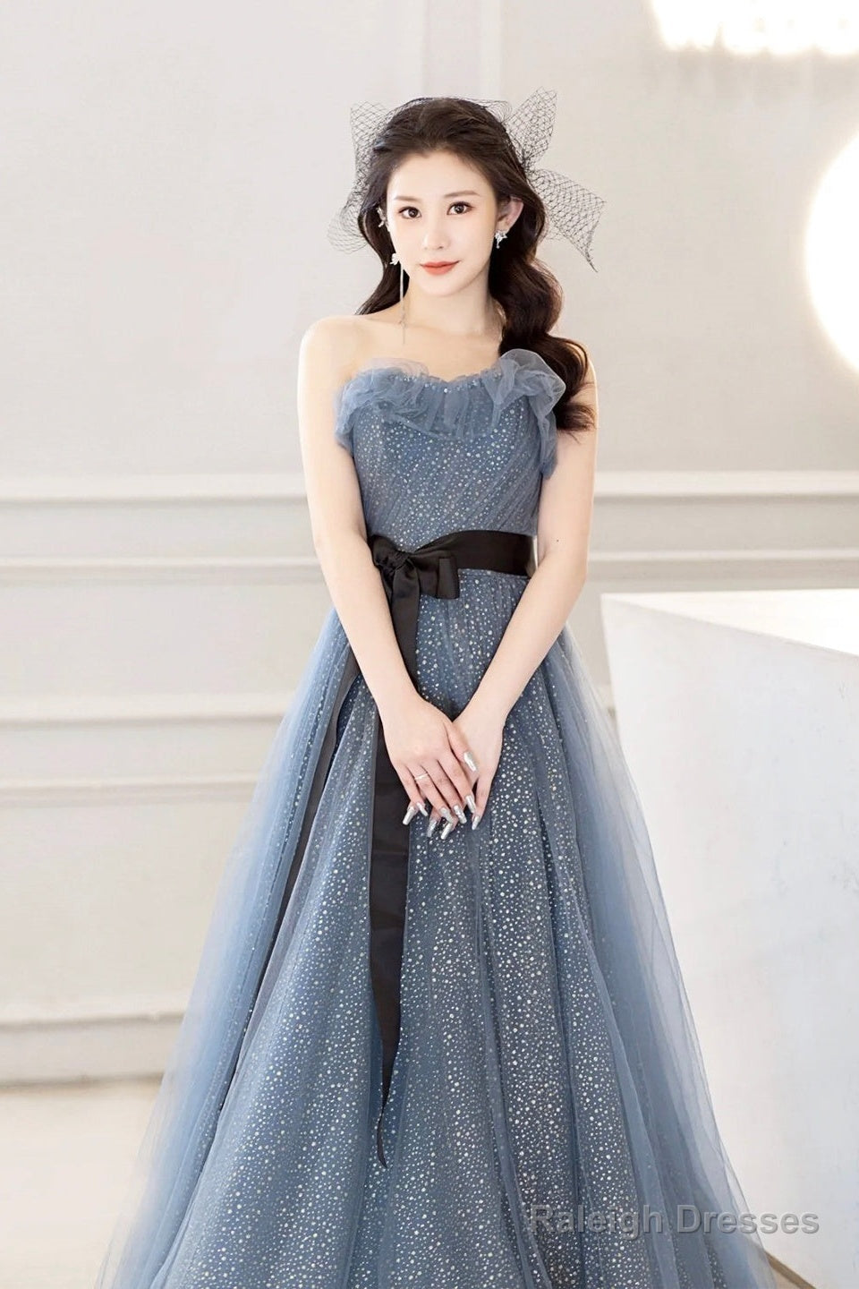 Gray Blue Tulle Long Prom Dress, Beautiful A-Line Strapless Evening Dress