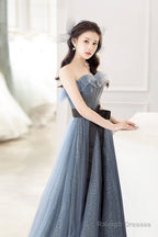 Gray Blue Tulle Long Prom Dress, Beautiful A-Line Strapless Evening Dress