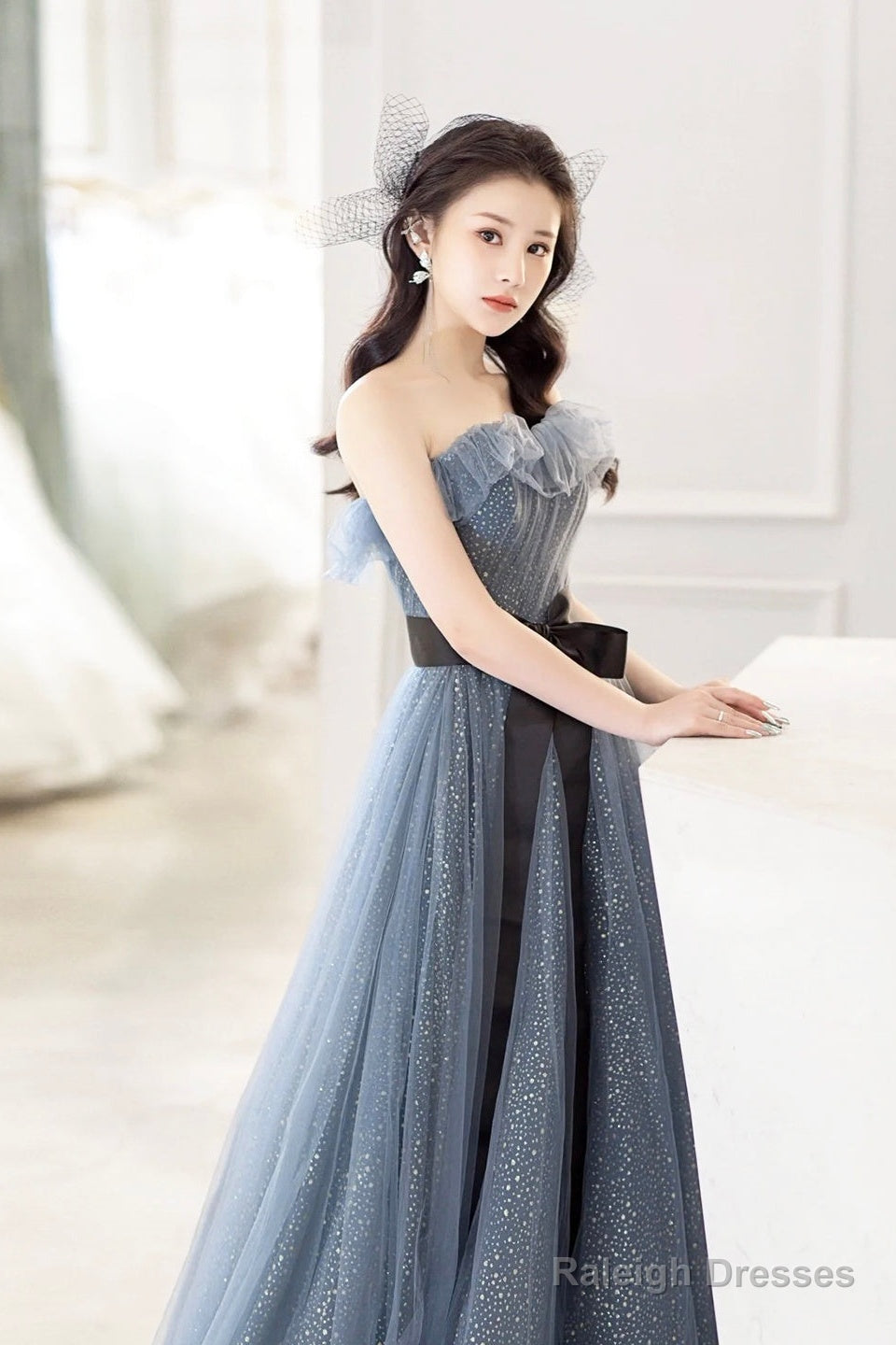 Gray Blue Tulle Long Prom Dress, Beautiful A-Line Strapless Evening Dress