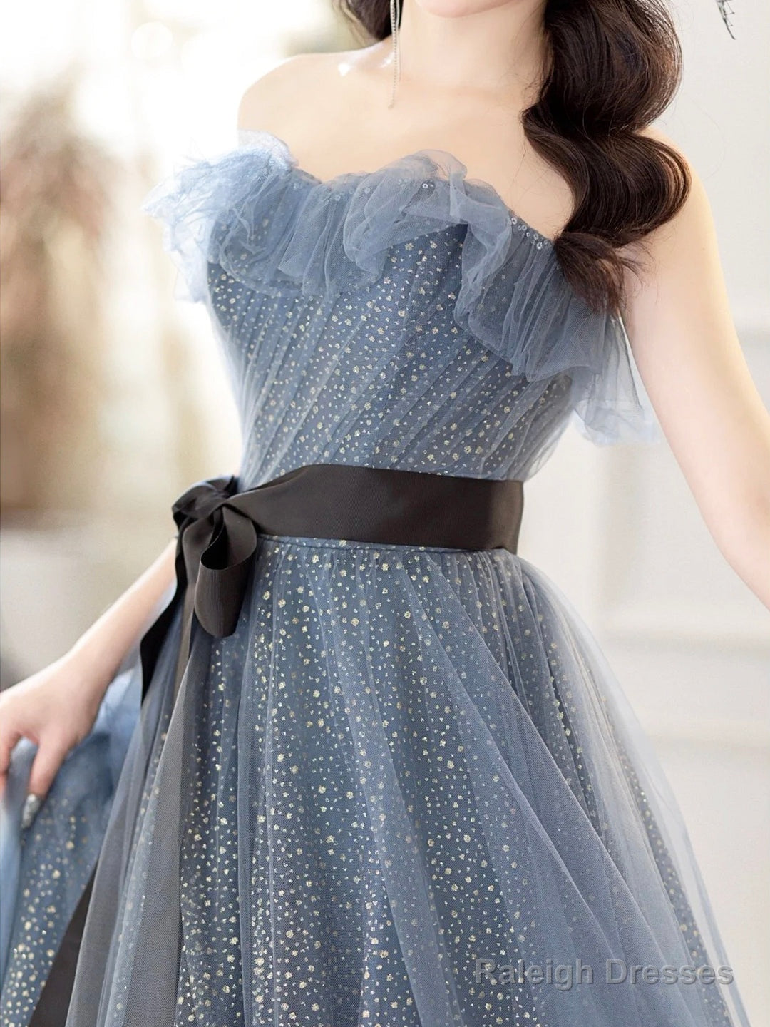 Gray Blue Tulle Long Prom Dress, Beautiful A-Line Strapless Evening Dress