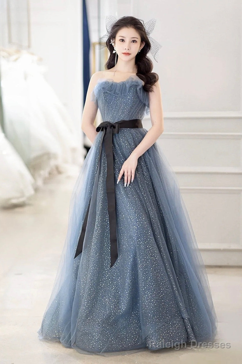 Gray Blue Tulle Long Prom Dress, Beautiful A-Line Strapless Evening Dress Main image