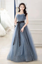 Gray Blue Tulle Long Prom Dress, Beautiful A-Line Strapless Evening Dress
