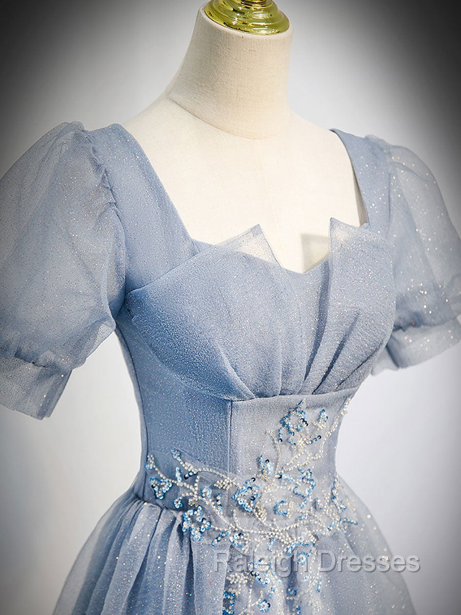 Gray Blue Tulle Long Prom Dress, Gray Blue Tulle Formal Evening Dresse