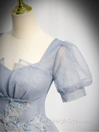 Gray Blue Tulle Long Prom Dress, Gray Blue Tulle Formal Evening Dresses