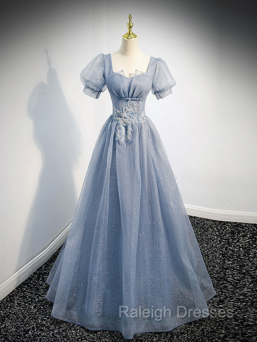 Gray Blue Tulle Long Prom Dress, Gray Blue Tulle Formal Evening Dresses Main image