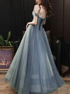 Gray Blue Tulle Long Prom Dresses Gray Tulle Prom Dresses