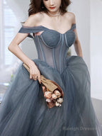 Gray Blue Tulle Long Prom Dresses Gray Tulle Prom Dresses