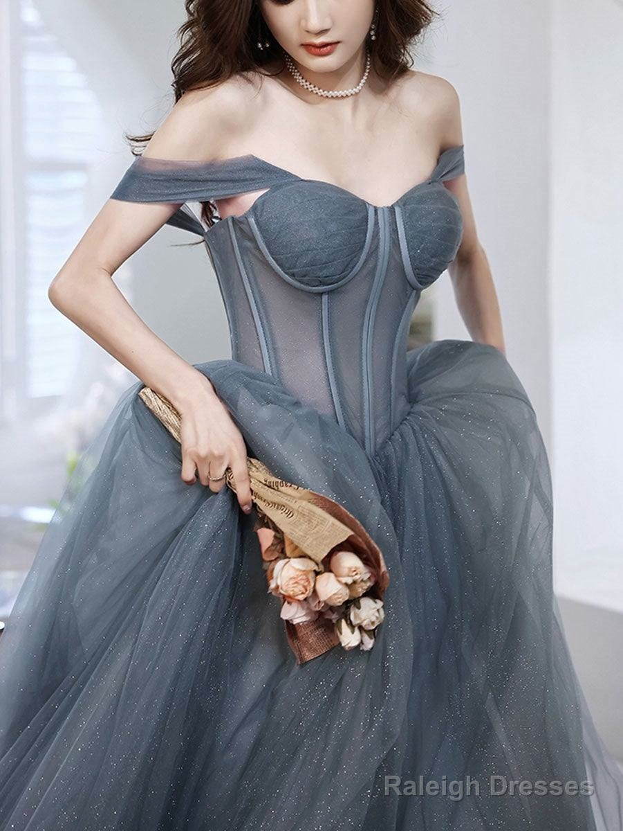 Gray Blue Tulle Long Prom Dresses Gray Tulle Prom Dresses