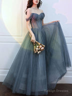 Gray Blue Tulle Long Prom Dresses Gray Tulle Prom Dresses