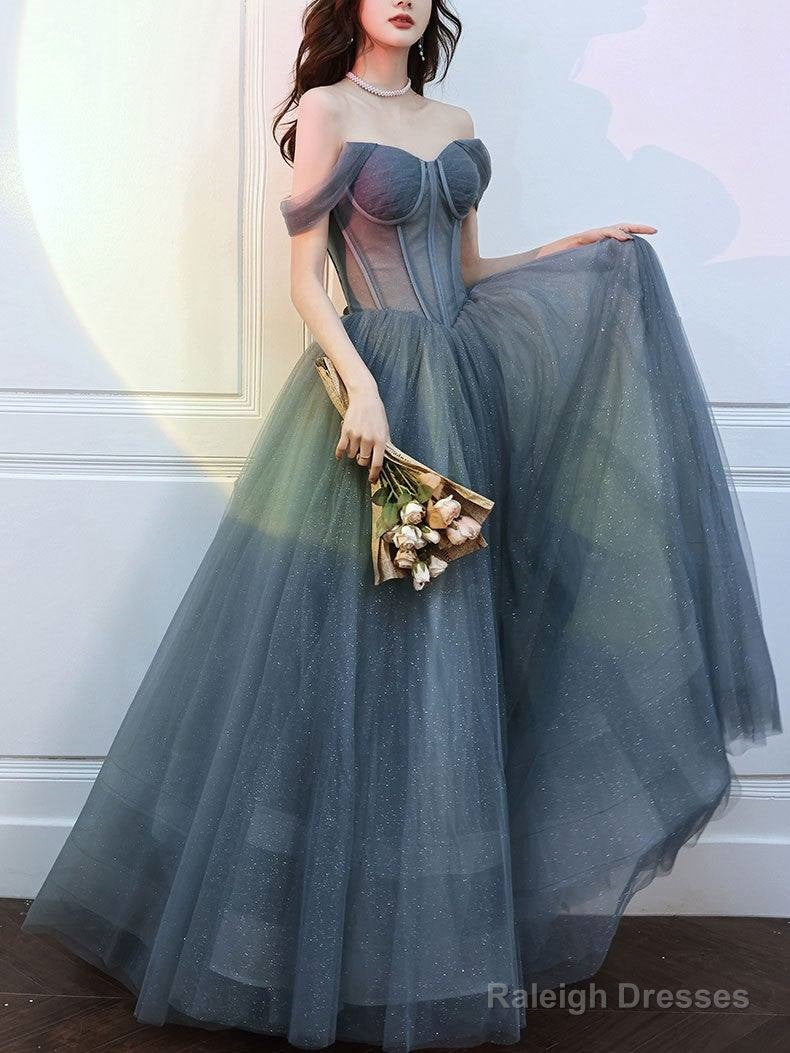 Gray Blue Tulle Long Prom Dresses Gray Tulle Prom Dresses