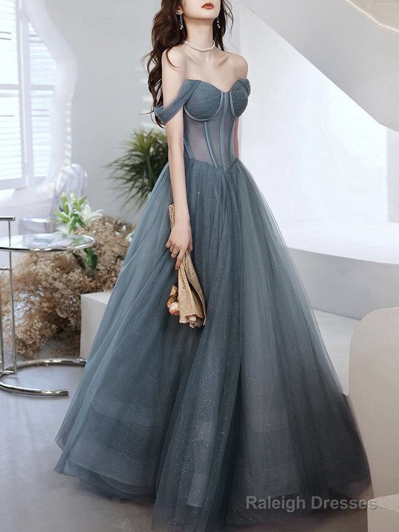 Gray Blue Tulle Long Prom Dress, Gray Tulle Formal Dress Main image