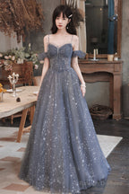 Gray Blue Tulle Long Prom Dresses, A-Line Spaghetti Straps Evening Dresses