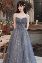 Gray Blue Tulle Long Prom Dresses, A-Line Spaghetti Straps Evening Dresses