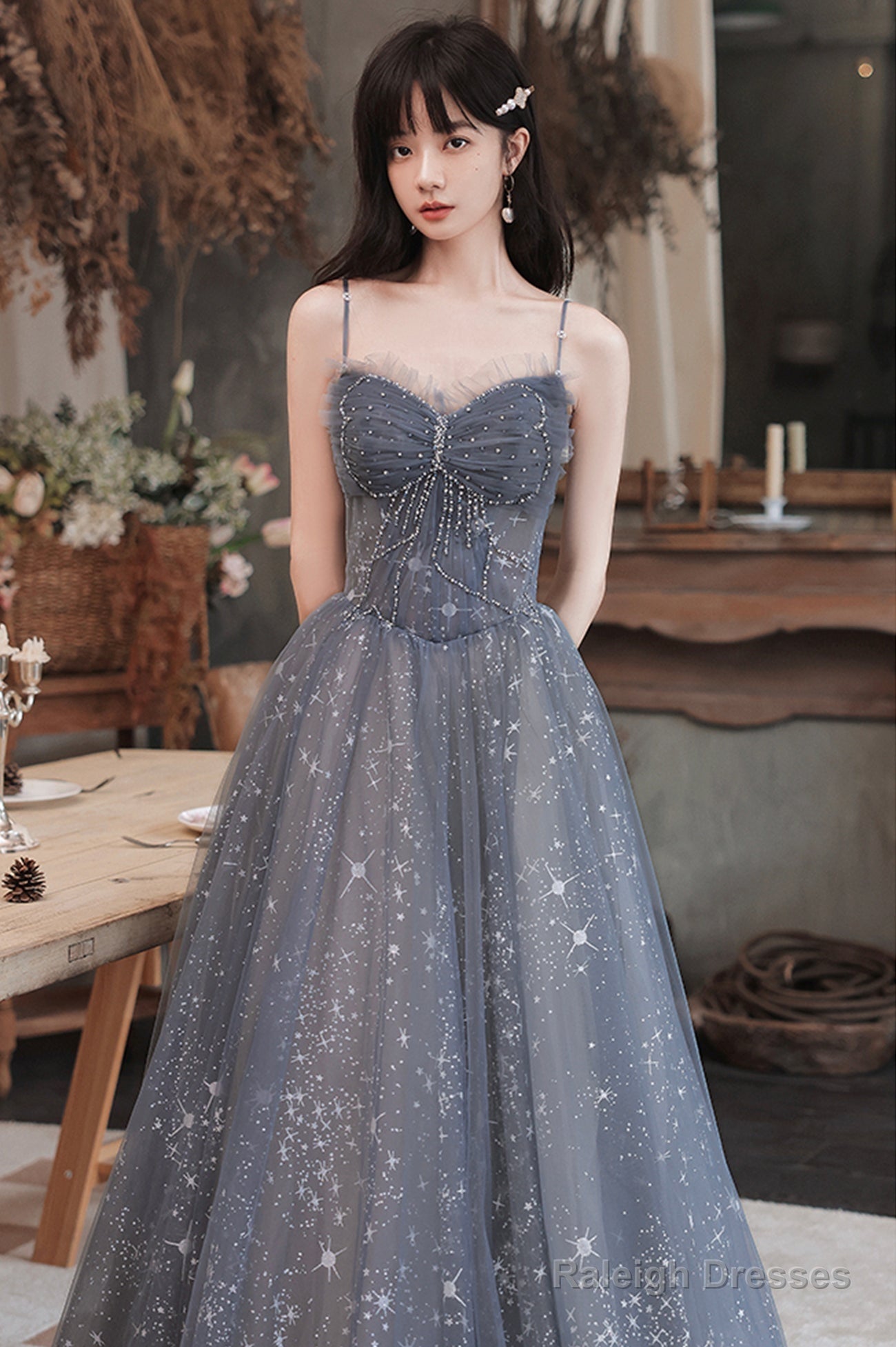 Gray Blue Tulle Long Prom Dresses, A-Line Spaghetti Straps Evening Dresses