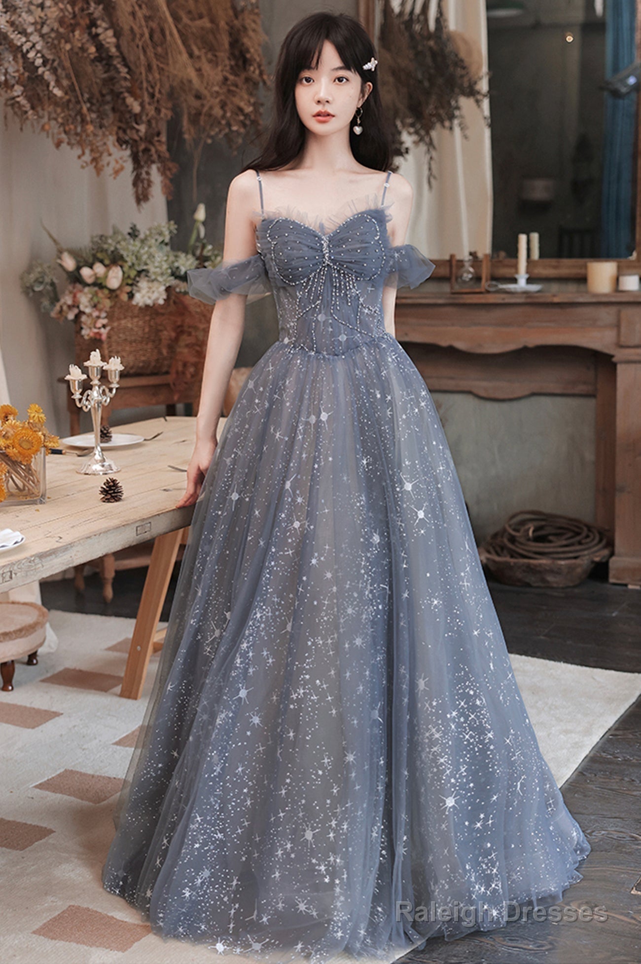 Gray Blue Tulle Long Prom Dresses, A-Line Spaghetti Straps Evening Dresses