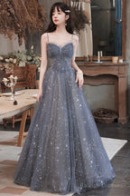 Gray Blue Tulle Long Prom Dresses, A-Line Spaghetti Straps Evening Dresses