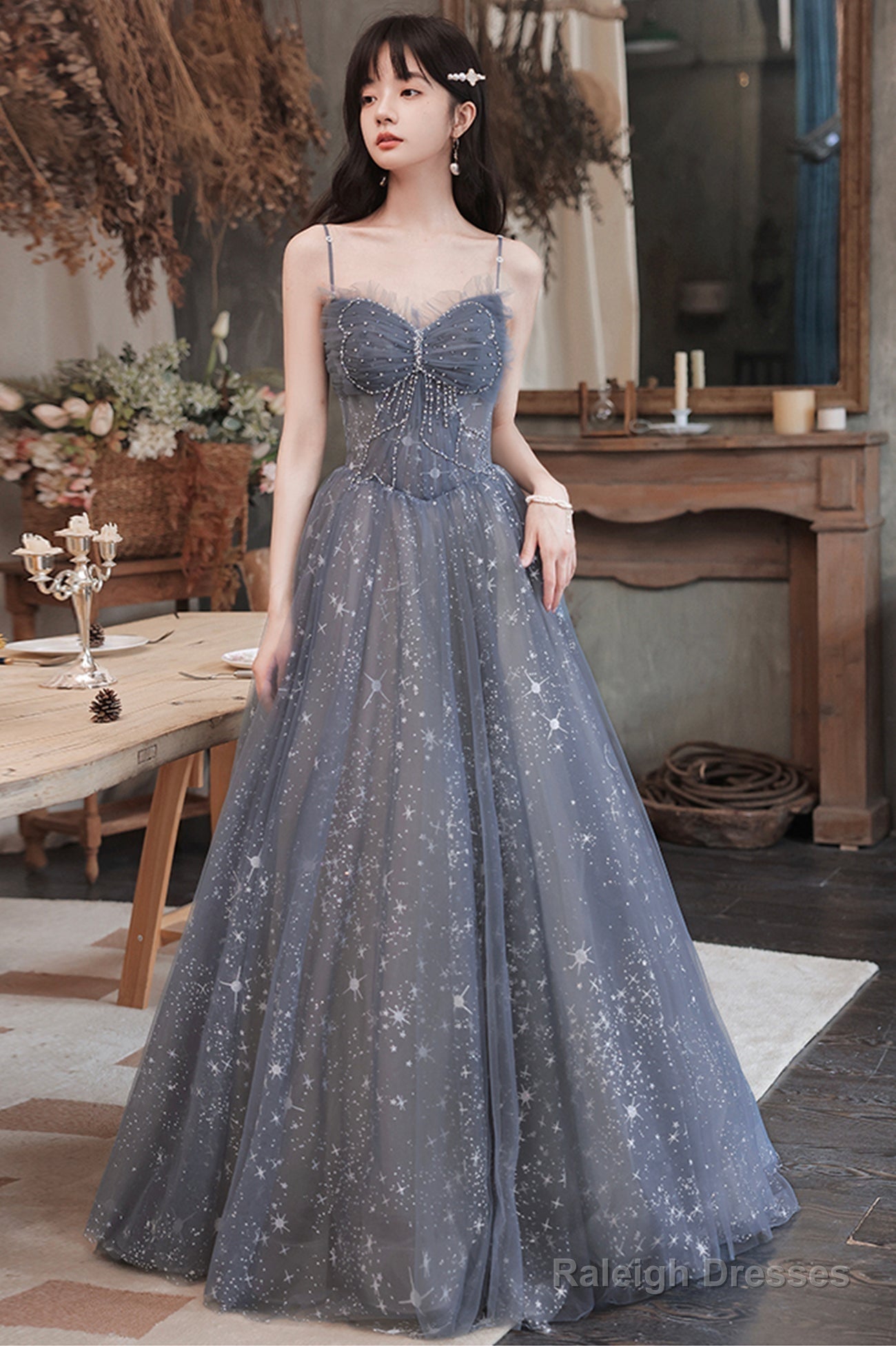 Gray Blue Tulle Long Prom Dresses, A-Line Spaghetti Straps Evening Dresses