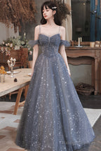 Gray Blue Tulle Long Prom Dresses, A-Line Spaghetti Straps Evening Dresses