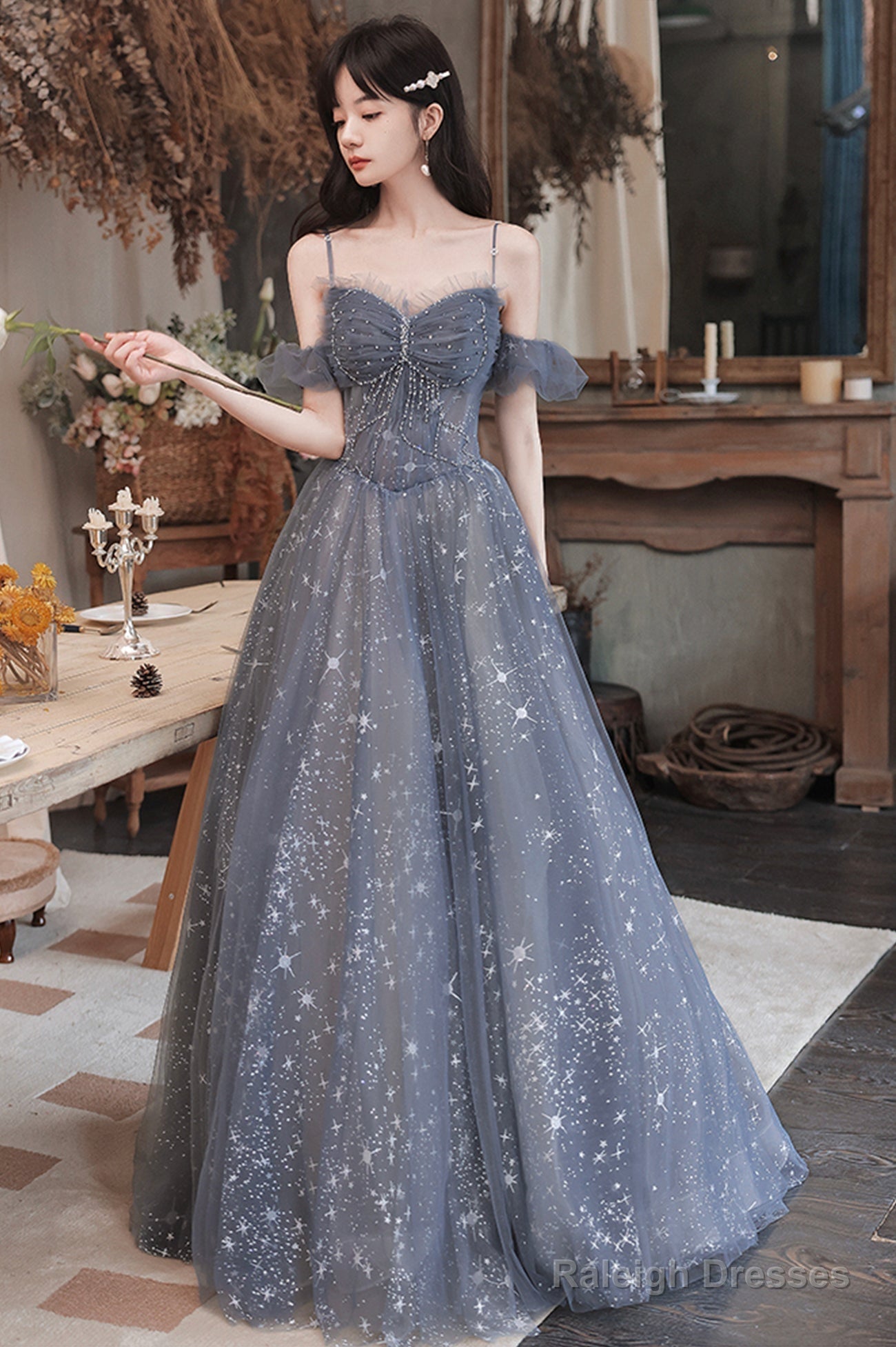 Gray Blue Tulle Long Prom Dresses, A-Line Spaghetti Straps Evening Dresses Main image