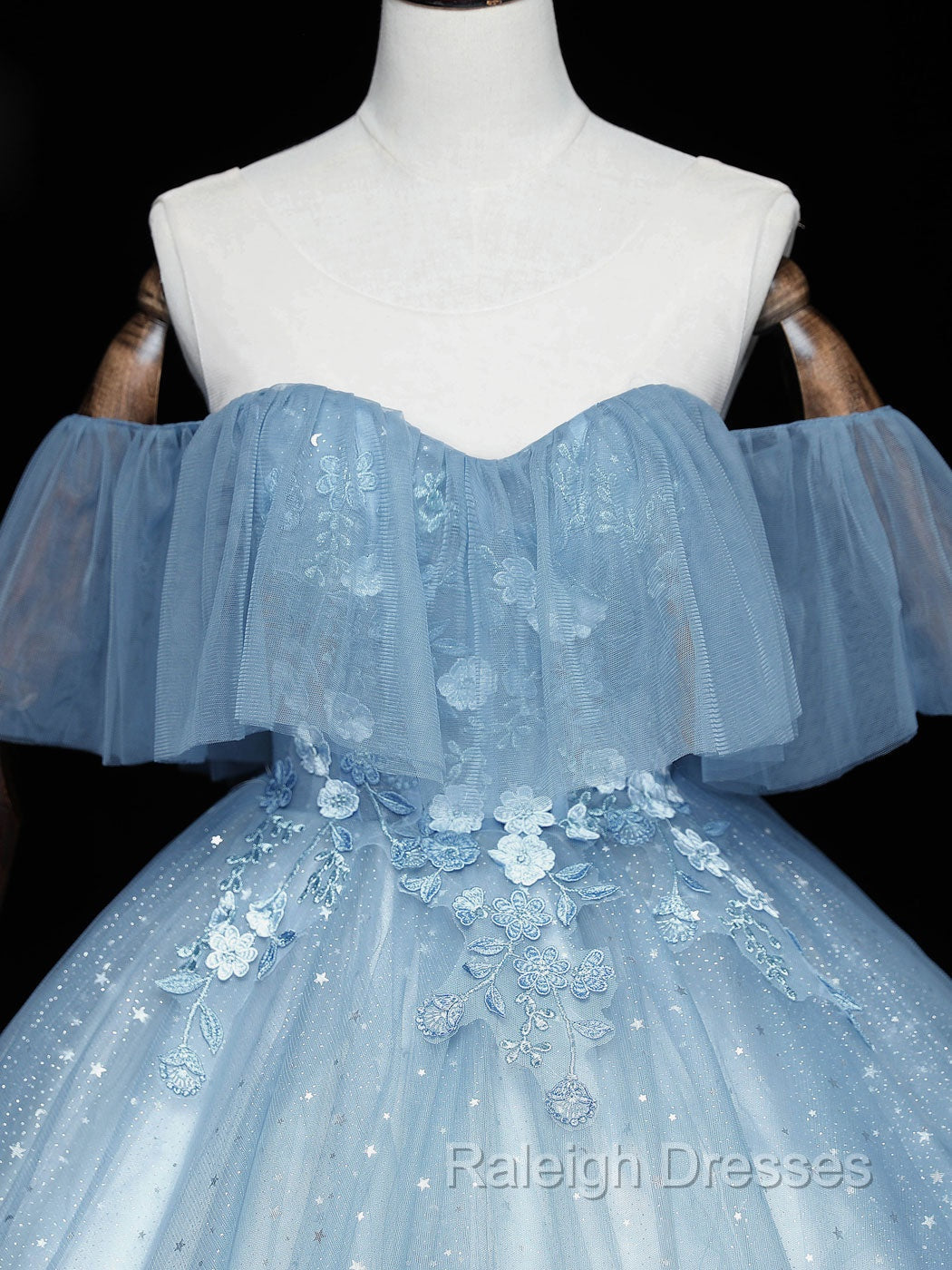 Gray Blue Tulle Off Shoulder Long Prom Dress, Blue Tulle Formal Dresses Secondary image