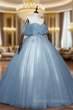 Gray Blue Tulle Off Shoulder Long Prom Dress, Blue Tulle Formal Dresses