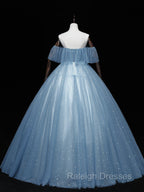 Gray Blue Tulle Off Shoulder Long Prom Dress, Blue Tulle Formal Dresses