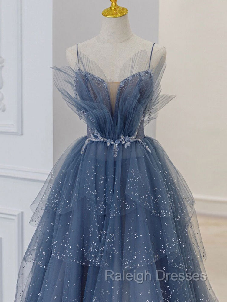 Gray Blue Tulle Sequin Beads Long Prom Dress, Blue Evening Dress Secondary image